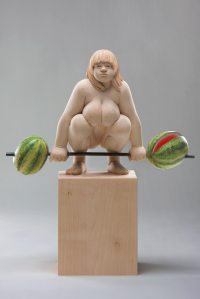 "lifting 4 watermelons", limewood, acrilic colors, 42cm, 2011