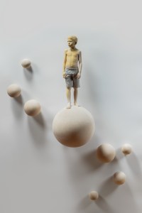 Space (boy) Ca.180 x 190 cm x 35 cm (58cm figure) limewood, pencil 2024