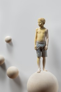 Space (boy) Ca.180 x 190 cm x 35 cm (58cm figure) limewood, pencil 2024
